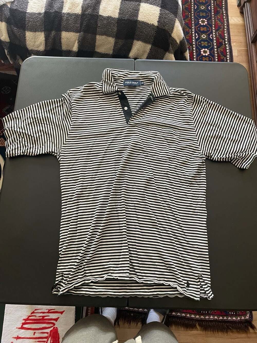 Polo Golf Ralph Lauren Black and White Stripe Pima Cotton Polo Shirt with Pocket